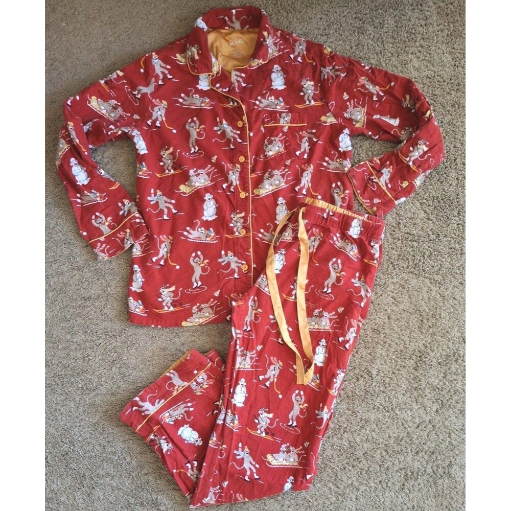 Nick & Nora Pajama Set Medium Red Sking Sock Monkey Long Sleeve Pocket Cotton